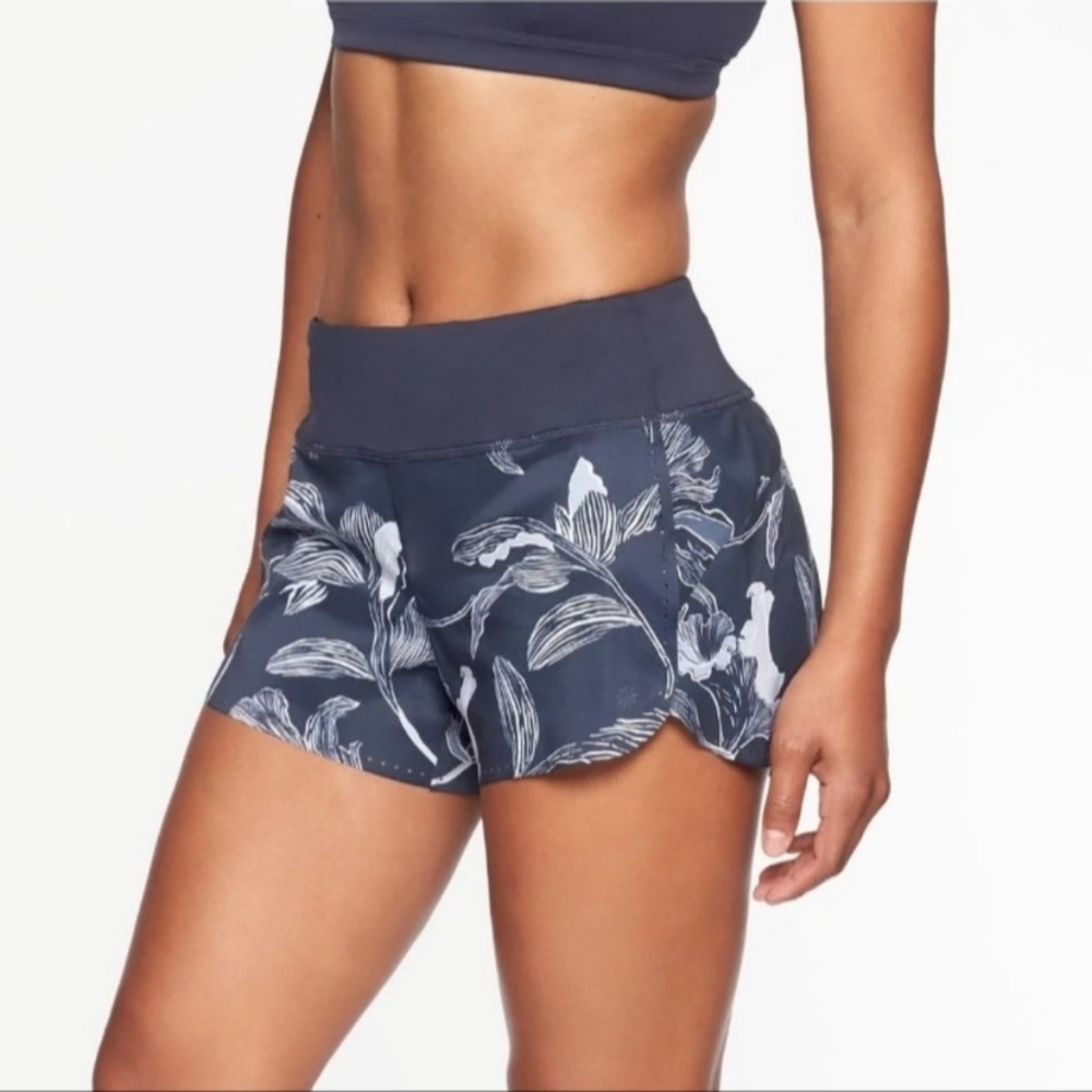 NWOT Athleta Laser Cut Running Shorts Floral Navy Blue & White Lined Shorts